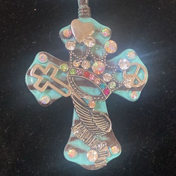 Fancy ceramic cross with jewels set on a beautiful Sterling and rhinestone 26” - Picture 6 of 10